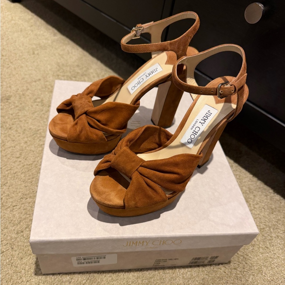 JIMMY CHOO Heloise 120 Suede Platform Sandal, size 38.5 in Tan!